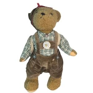 Vintage German Bavarian Stuffed Bear Checkered Shirt Lederhosen Collectible